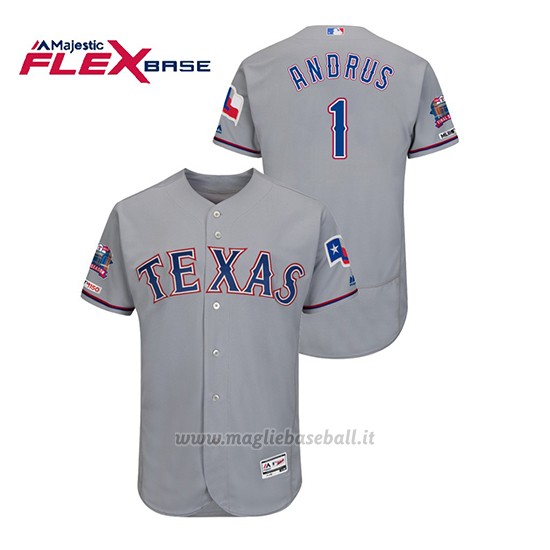 Maglia Baseball Uomo Texas Rangers Elvis Andrus 150th Aniversario Patch Autentico Flex Base Grigio